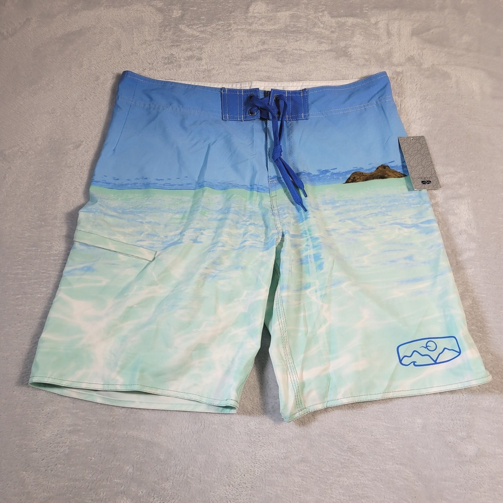 Twin Islands Board Shorts Mens 34 Blue Ocean Tropical‎ Landscape Swim Trunks NWT